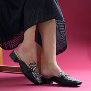 Women's Square Toe Mule Heels with Horsebit Detail Geometric Printed Low Block Heel Mules Shoe